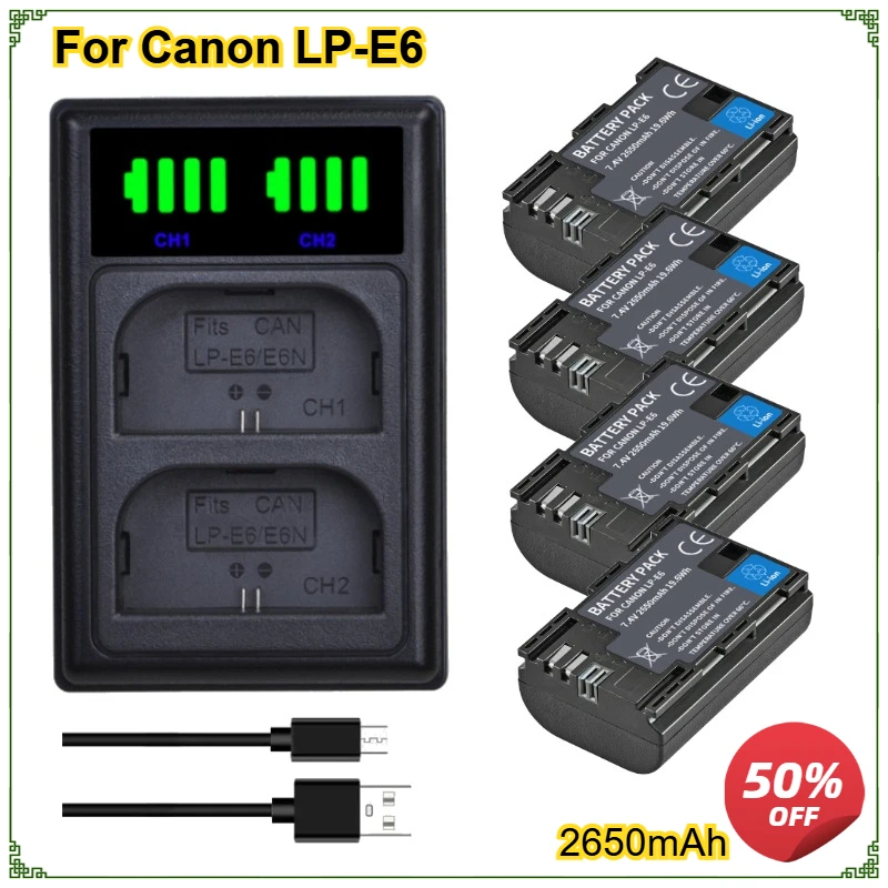2650mAh Li-ion LP-E6 LP-E6N Digital Battery for Canon EOS 6D 7D 5D Mark II III IV 5D 60D 60Da 70D 80D 90D 5DS R5 R6 XC10 XC15