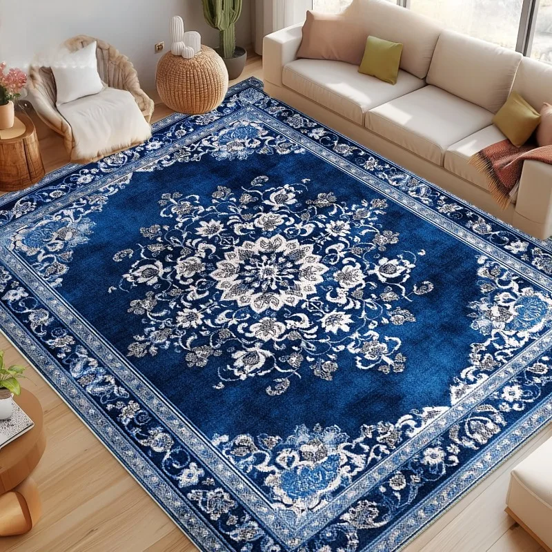 Vintage Oriental Floral Pattern Area Rug Flannel Carpet Non Slip Floor Mat for Living Room Bedroom Traditional Blue Home Decor