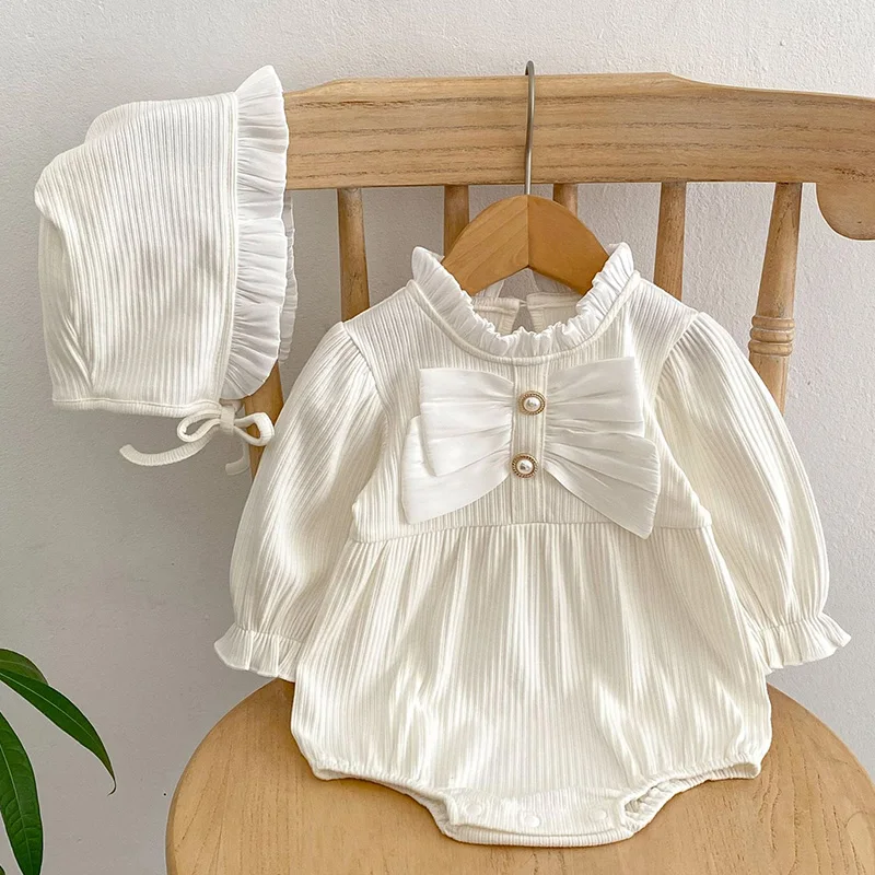 2024 New Spring Newborn Baby Girl Jumpsuit+Hat Long Sleeved Solid Color Bow Splicing Toddler Baby Girl Romper Children Clothes