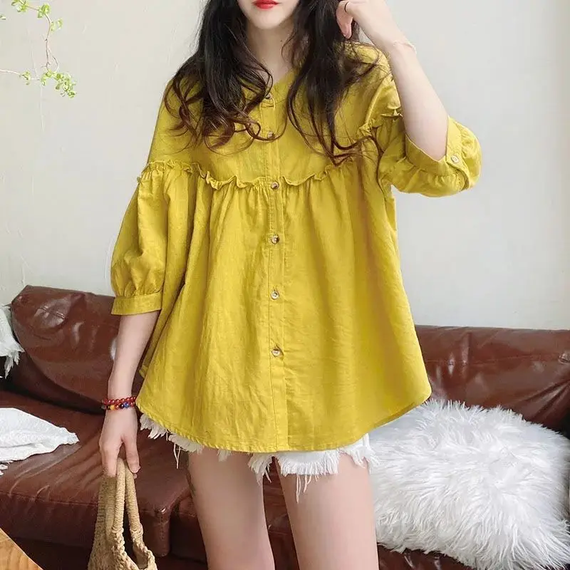 2023 Spring and Summer Korean Edition Reduced Age Casual Loose Fit Round Neck Versatile Sweet Fluffy Single Breasted Doll Shirt