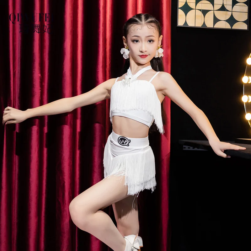 

Платье с кисточками, брюки для девочек, сальса, самба, детская сценическая одежда, костюм, детский брючный костюм для латинских танцев, костюмы для бальных танцев, большие размеры, бахрома