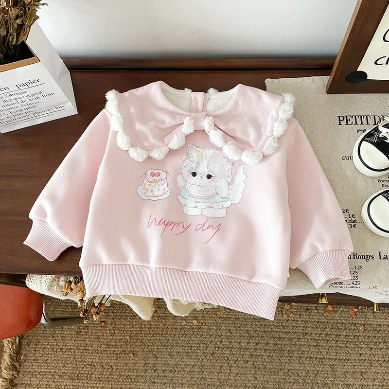 Children Girls Pullovers 2024 Winter Plus Velvet Thickened Cartoon Cat Baby Girls Tops Knotbow Collar Warm Toddler Girls Shirts