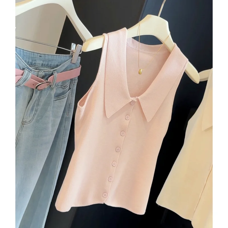 Advanced SensepoloWomen's summer new style ice silk knitted vest with collar, slim fit, sleeveless, outerwear top