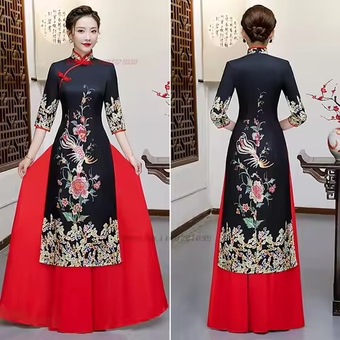 2026 traditional dress vietnam aodai improved cheongsam dress+skirt national flower print banquet qipao evening dress vestido