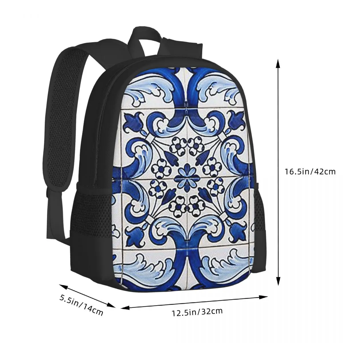 Antique Classic Lisbon Blue Azulejo Tile Floral Student Backpack School Bag Hiking Travel Daypack for Bookbag Shoulder Bags