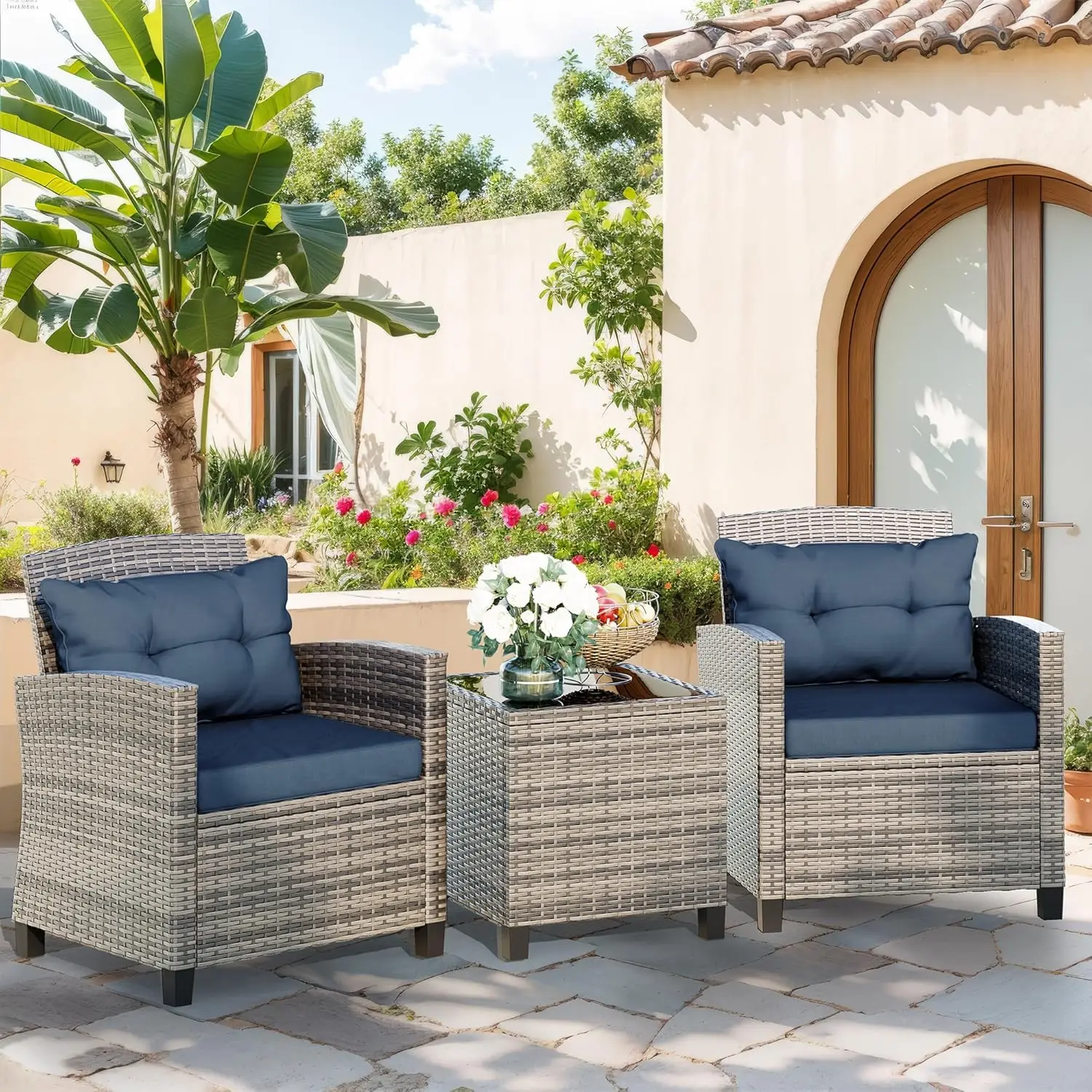 Vongrasig 3 Piece Patio Furniture Set Small Outdoor Wicker Rattan Front Porch Bistro Set Cushioned Patio Chairs Conversation