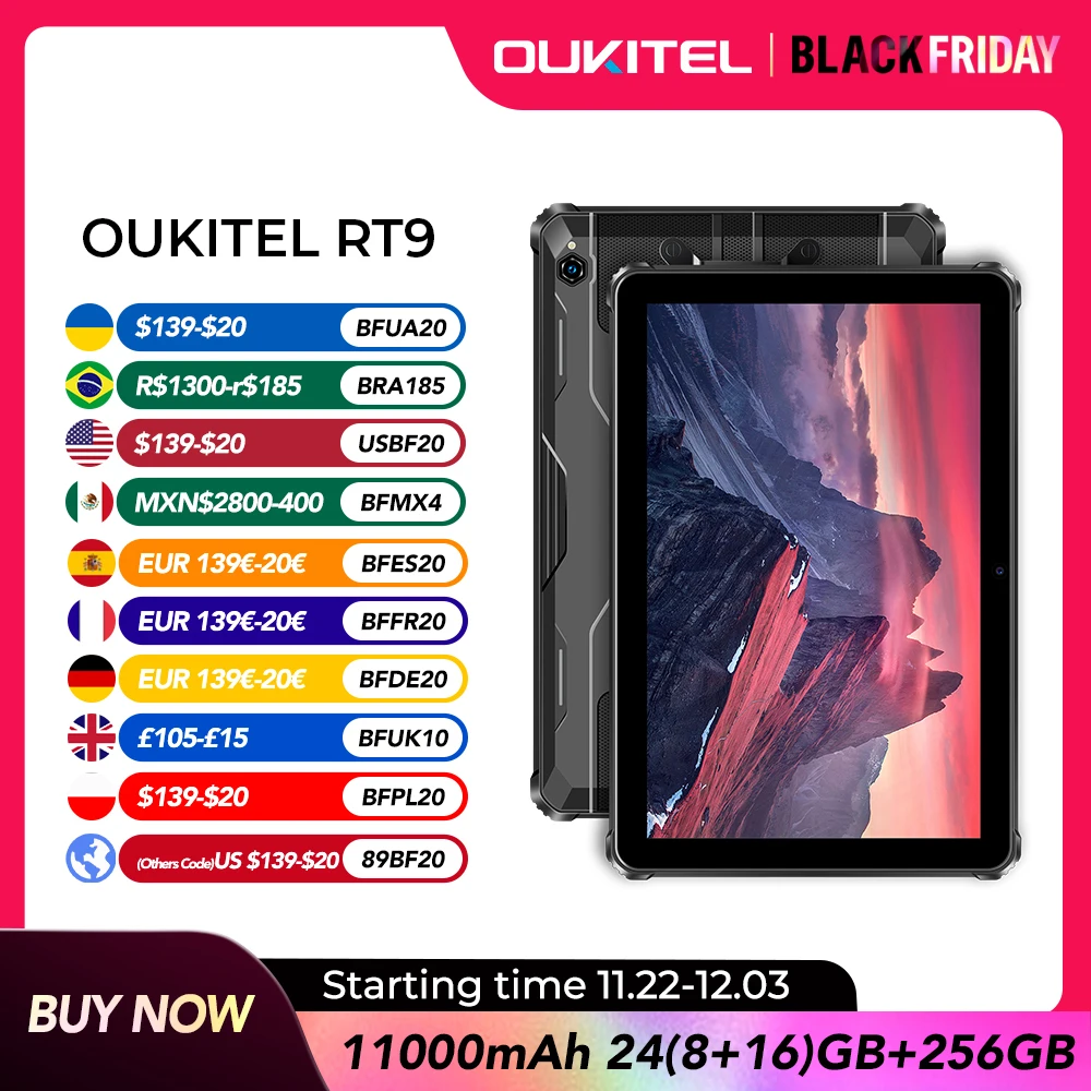 Oukitel RT9 تابلت متين شاشة 10.1 بوصة عالية الدقة 24 جيجابايت رام 256 جيجابايت تابلت مقاوم للماء بطارية 11000 مللي أمبير أندرويد 14.0 كمبيوتر لوحي