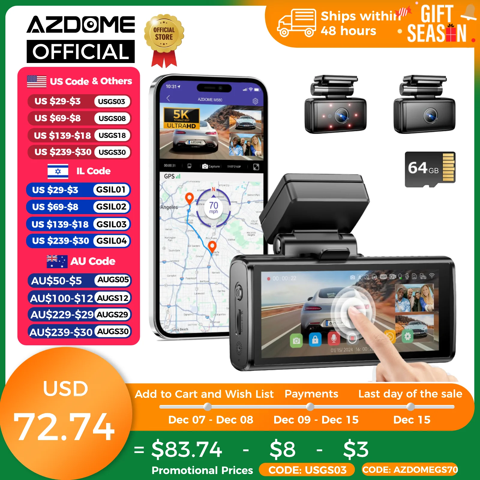 AZDOME M580 Dash Cam 5k Front Rear Car Camera Built-in 5GHz WiFi GPS 4\