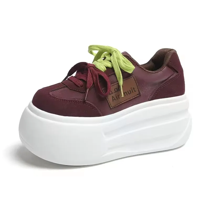 

7 CM Women's Autumn Thick Bottom Shoes Breathable Microfiber Leather Vulcanize Flat Platform Sneakers White Walking Shoes