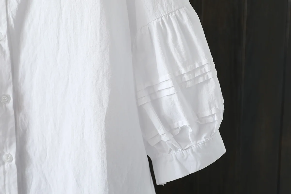 New Spring Cotton Solid Shirt Women Lapel Short Sleeve Folds Literature Tops Girl Versatile Doll Blouses 2024 Autumn T43977QC