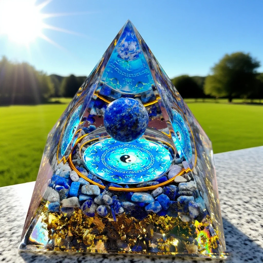 اللازورد الطبيعي الأزرق يين يانغ تاي تشي أورجون الهرم الحلي الزخرفية، كريستال الطاقة شفاء الحلي
