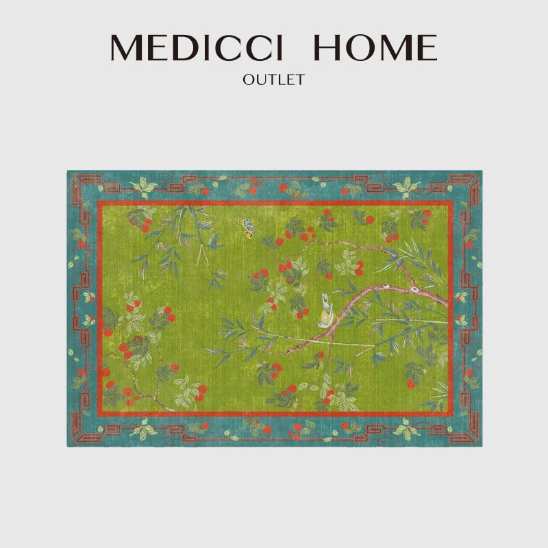 Medicci Home Chinoiserie Palace lychee Tree Birds Decorative Door Mat Luxury Retro Green Carpet Area Rug For Porch Dressing Room
