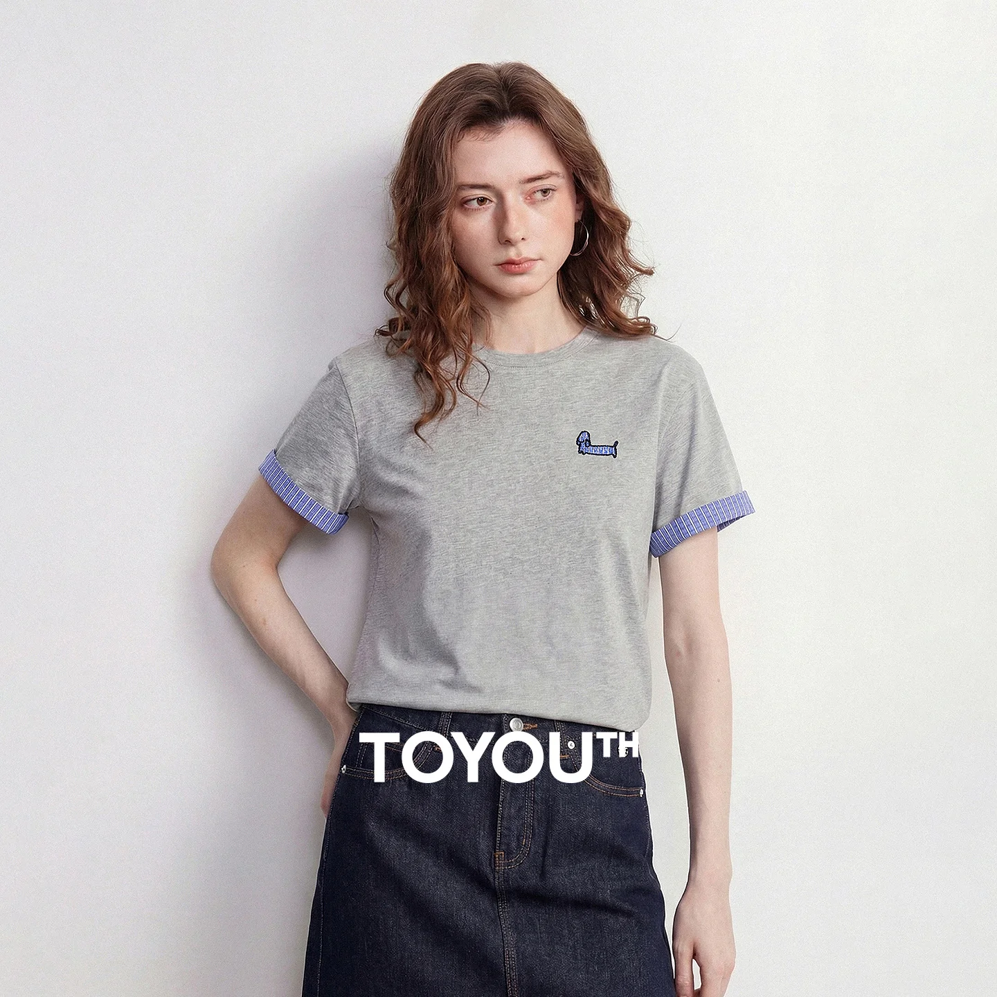 TOYOUTH Women Cotton T-Shirt 2026 Summer New High Low Slit Puppy Patch Embroidery Plaid Turn-up Sleeve Pullover Tops