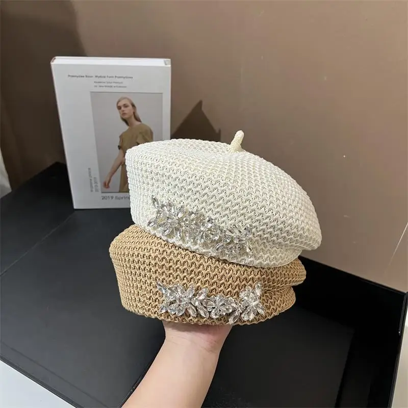 Summer bonnet breathable and stylish beret rhinestone designer French cotton polyester small artist fashion hat octagonal hat