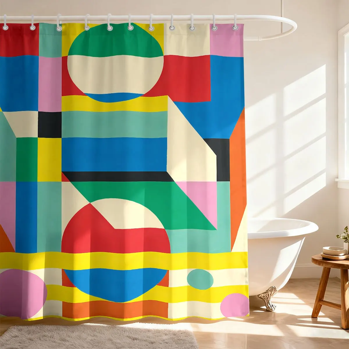Bright Colorful Geometric Abstract Bauhaus Style Circles Triangles Blocks Art Print Flannel , Multicolor Modern