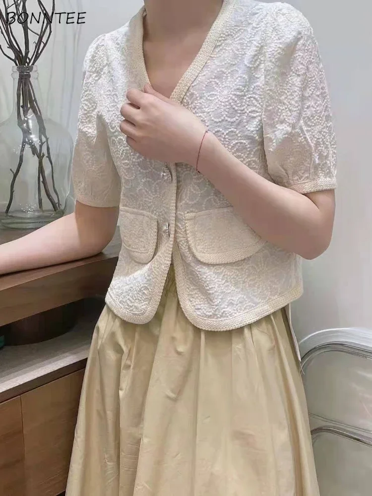 

V-neck Shirts for Women 3 Colors Sweet Puff Sleeve Floral Tops Aesthetic Clothes Tender College Girls Fashion Soft Chemise Femme