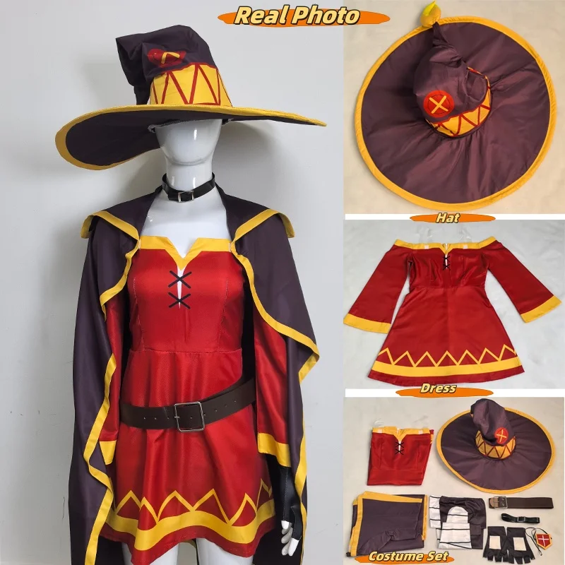 Anime KonoSuba Megumin Cosplay Costume Classical Witch Costume Uniform Cloak Hat Blindfold Stocking for Halloween Party Women