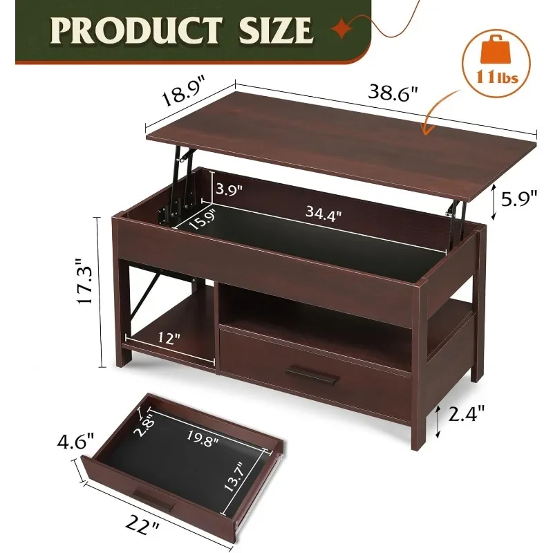 Mesa de centro con compartimento oculto y cajones de Sorage para sala de estar, Espresso, 39"