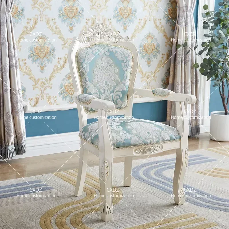 Solid Wood Single Desk Chair with Antique Fabric Upholstery and Armrests Casual Negotiation Seating for Adults