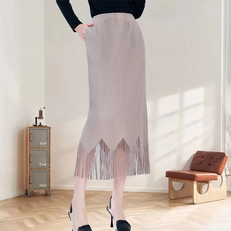 

Miyake Pleated Half-skirt Miyake High-waisted Thin Tassel Half-body Skirt 2025 Autumn Hundreds Pleated Slim Straight Jupe OY50