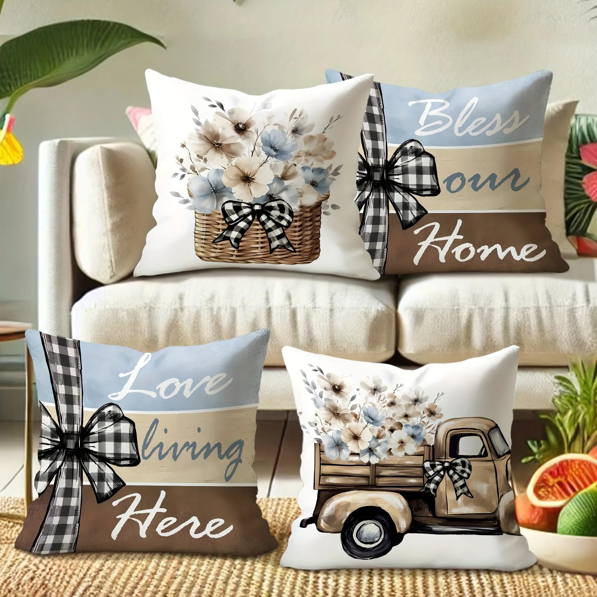 Rustic and elegant pillow cover: floral basket, retro truck and heart-warming home decoration, sofa and chair cushion cover Shor