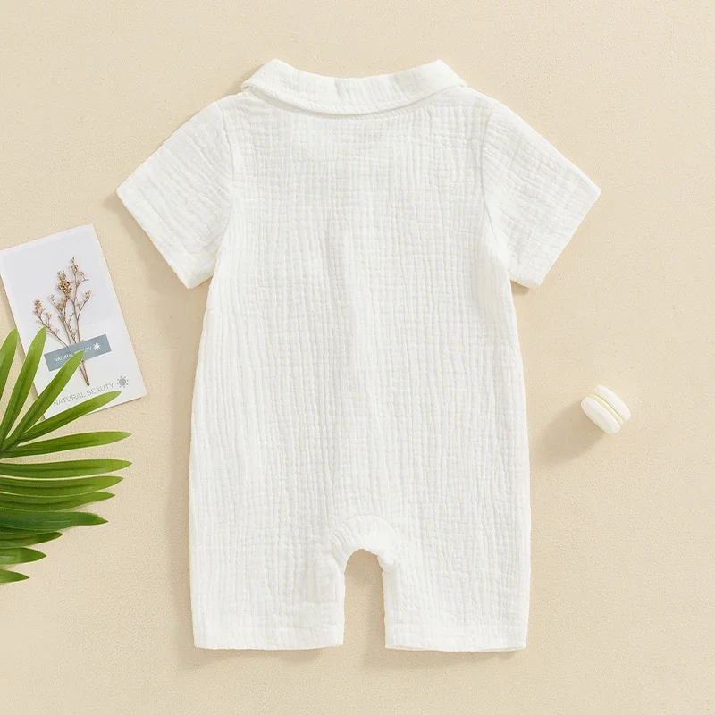 Infant Baby Boy Girl Summer Clothes Linen Solid Color Turn Down Collar Romper Short Sleeve Jumpsuit Bodysuit