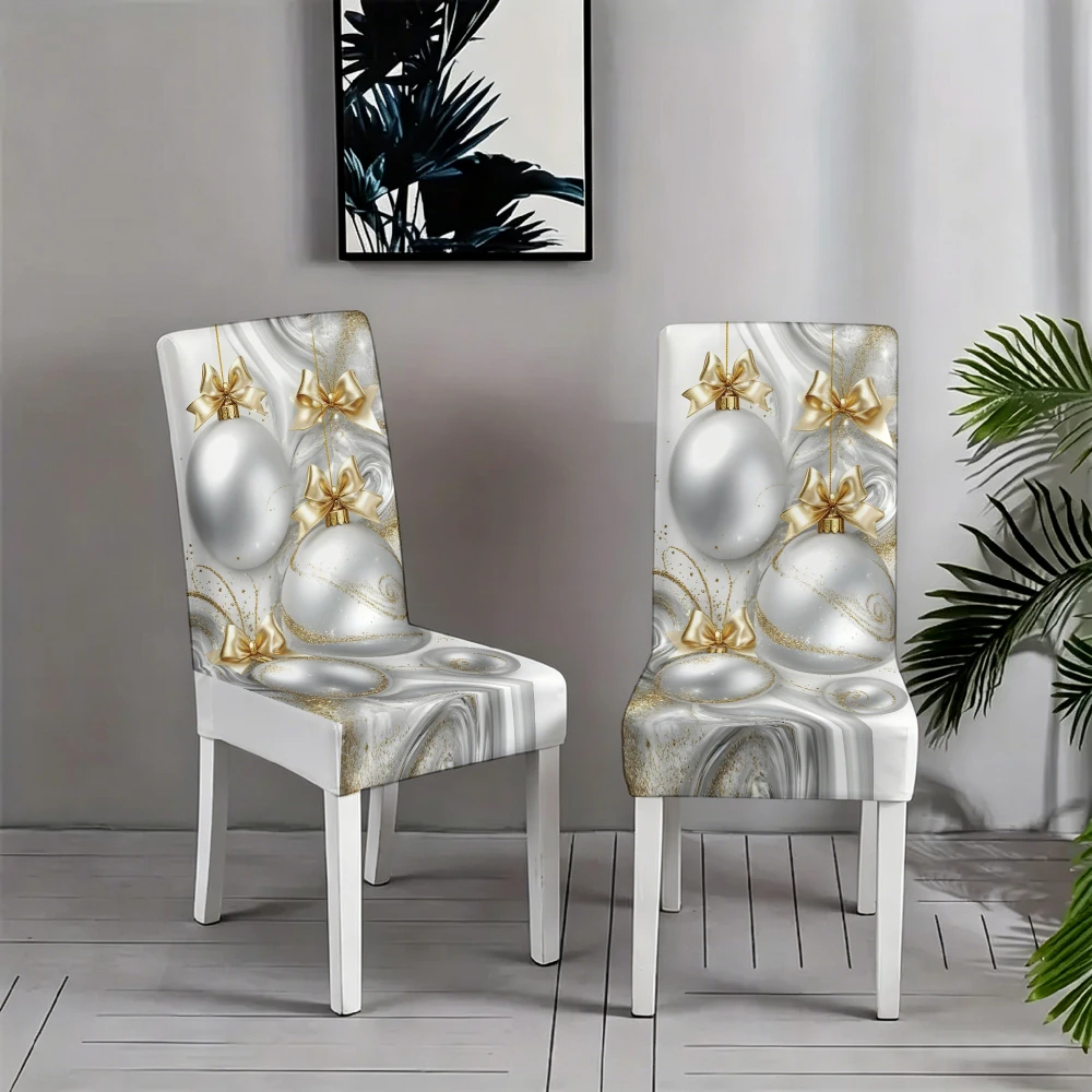 Silver Marble Texture Bauble Golden Bow Back Print Dining Chair Slipcover Stretch Christmas Chair Cover