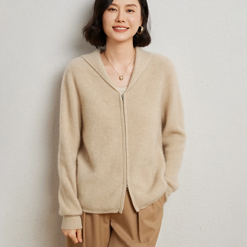 

Women 30% Cashmere 70% Wool Sweater Hooded Collar Double Zipper Cardigan Autumn Winter Cashmere Knitwear Bottoming Clothing Top