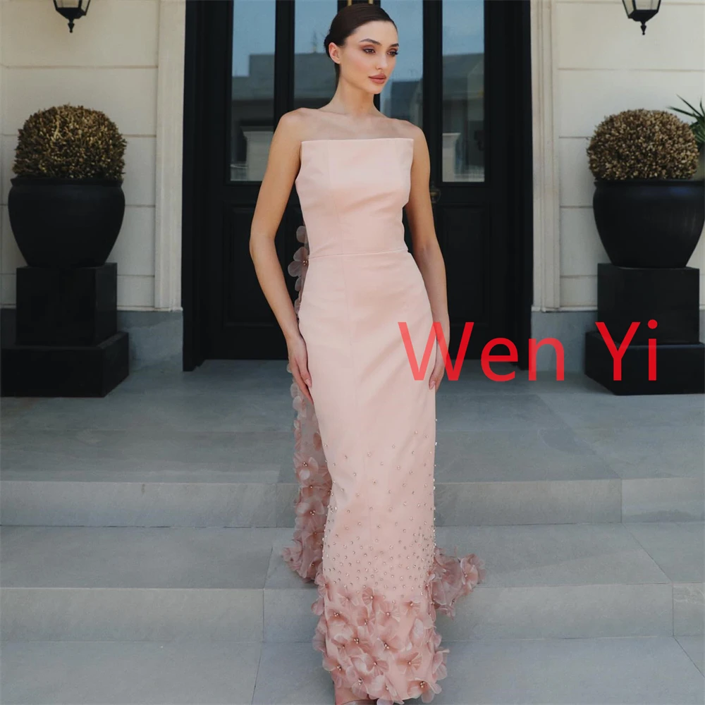 

Customized Simple Pink Jersey Evening Dresses Fashion Strapless Sleeveless Celebrity Gowns Soft Flowers Special Occasion Gowns