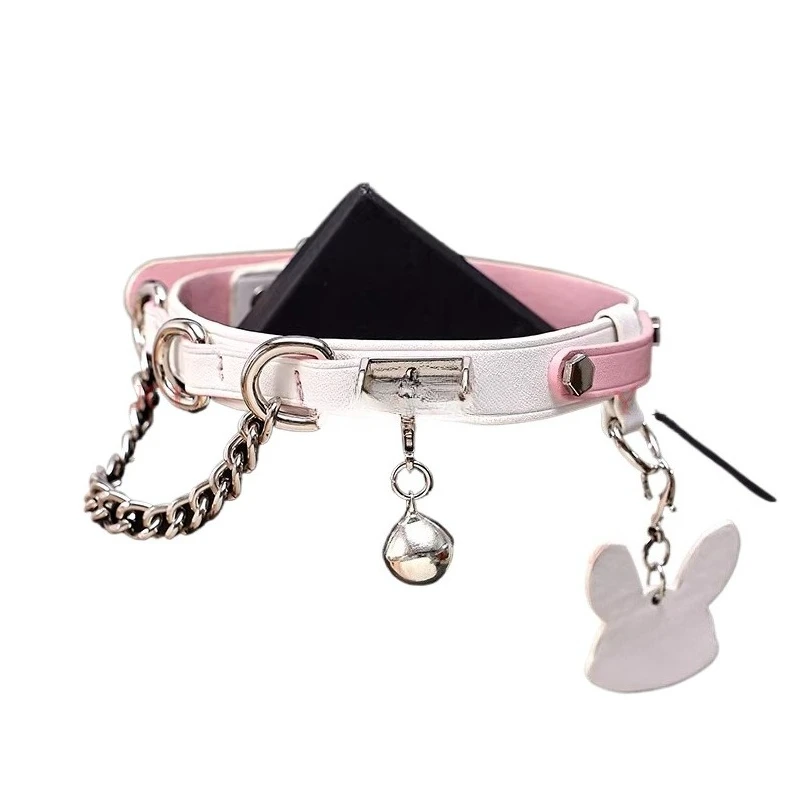 Genuine Leather Pink White Rabbit Collar Female M Bell Engraved Tag