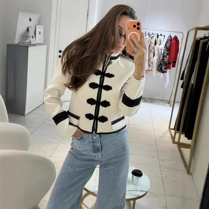 Fashion Vintage Jacket Mandarin Collar Single Row Frog Buttons Binding Shoulder Epaulet Long Sleeve Slim Cropped Outerwear260701