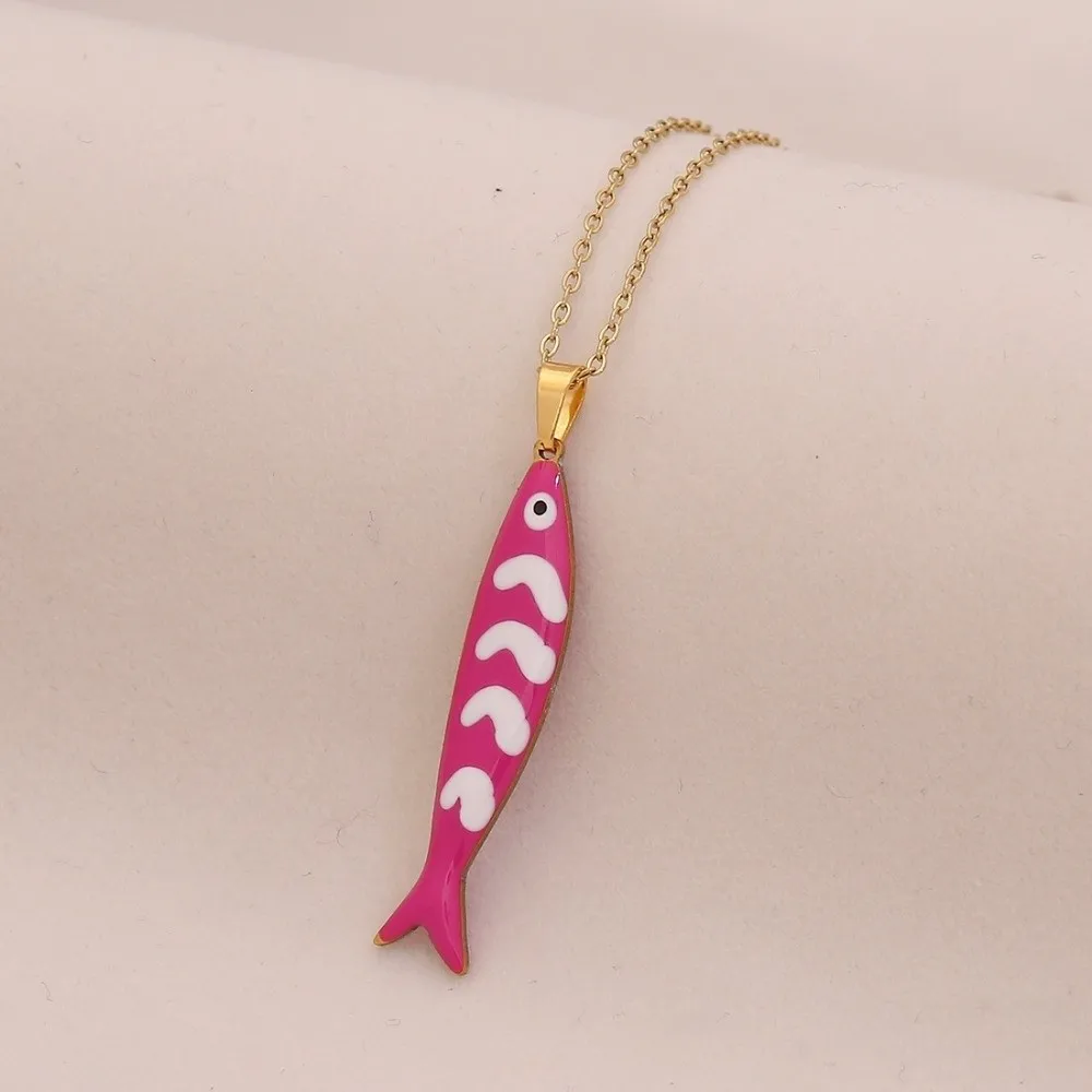 Stainless Steel Stripe Fish Charms Pendant Lightweight Lovely Design Colorful Fish Necklace Gold Plated Enamel