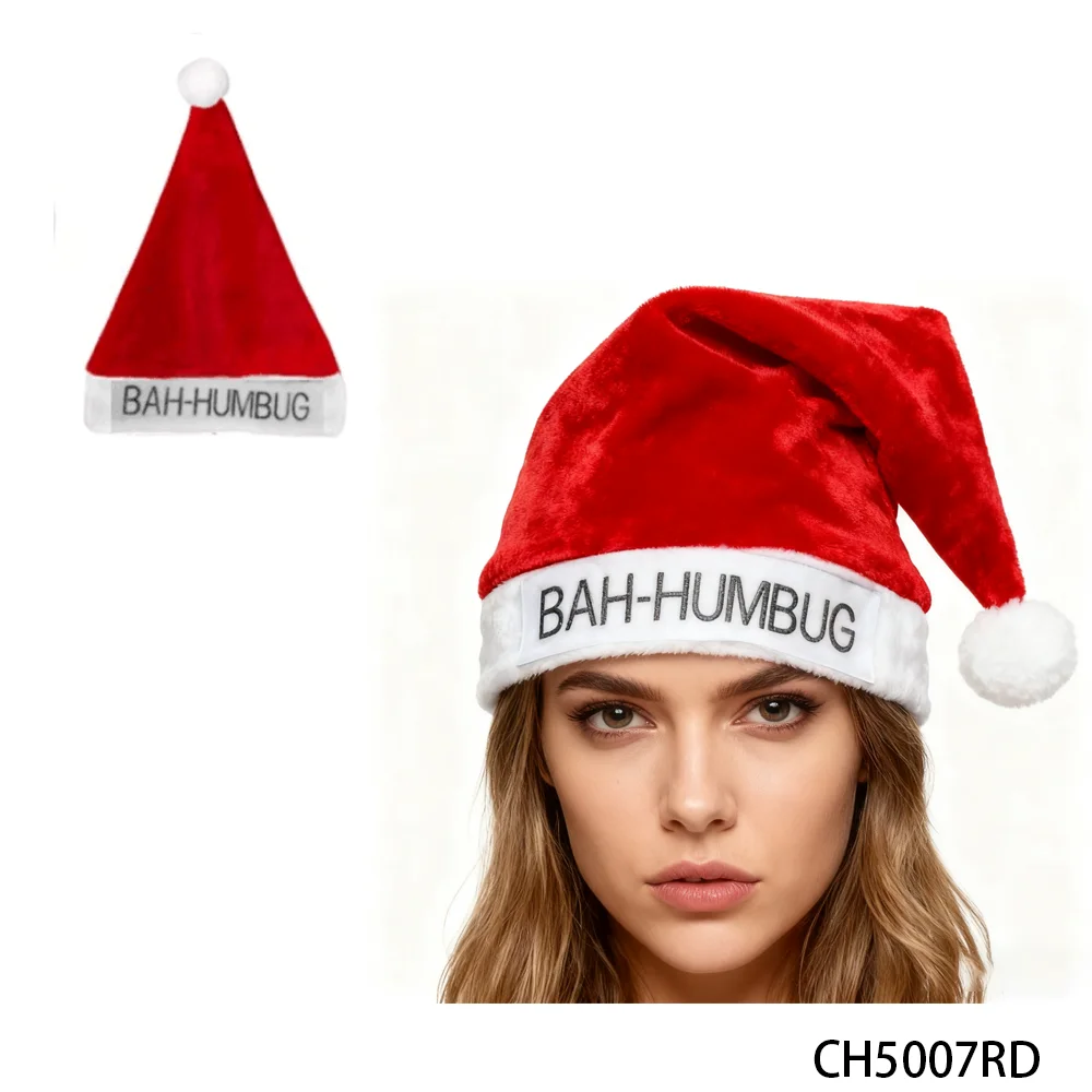 PESENAR Red Santa Hat with 'Bah-Humbug' Embroidery Design - Festive Christmas Holiday Accessory