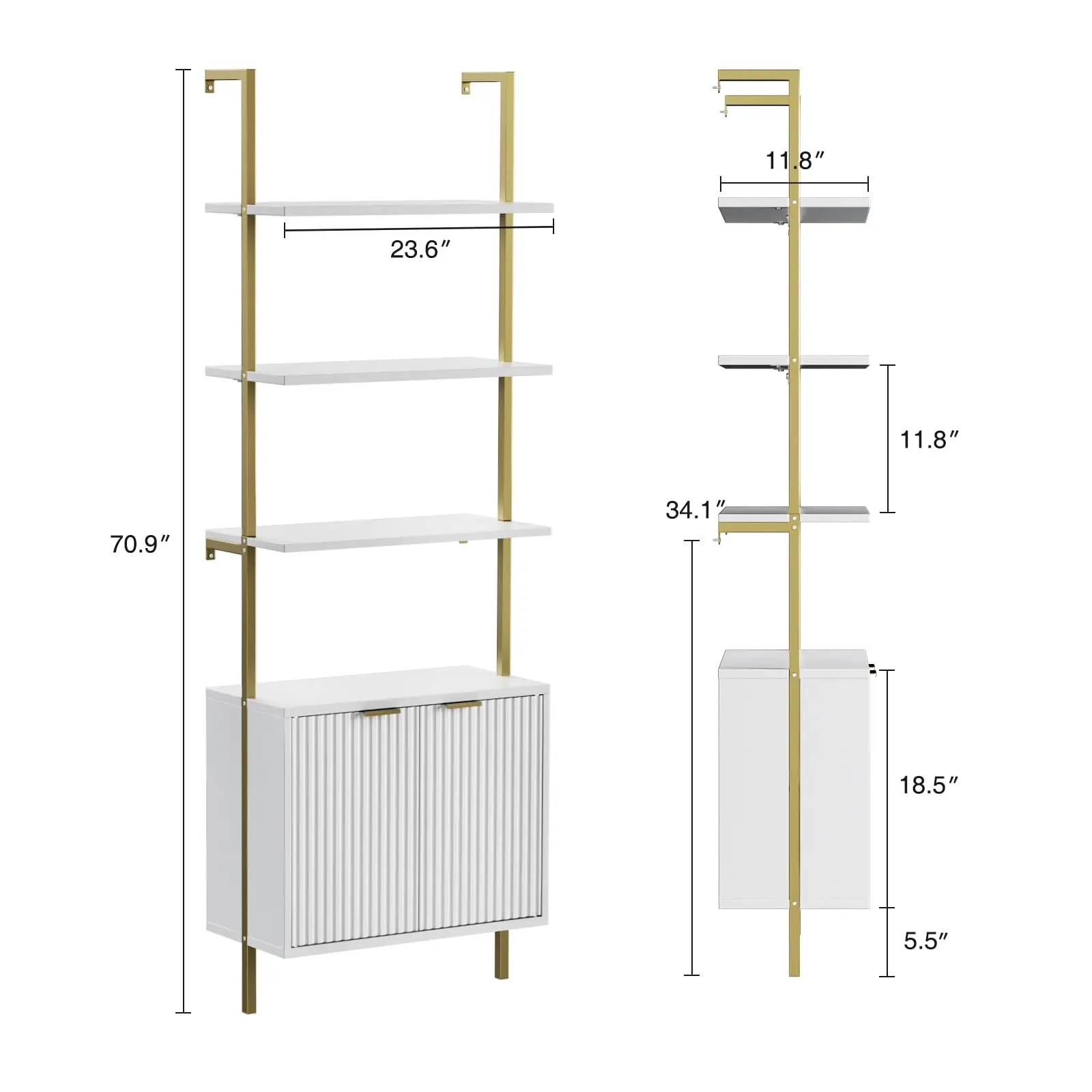 Ladder Bookshelf with Storage Cabinet 71'' Tall Wall Mount Bookcase with Metal Frame 5-Tier Display Rack for Living Room