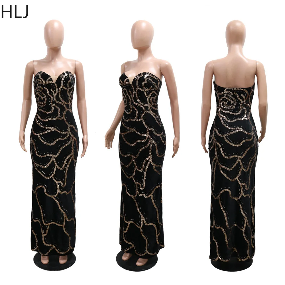 HLJ negro oro flor lentejuelas patrón elegante ceñido Vestidos largos mujeres fuera del hombro Delgado Vestidos de fiesta de noche ropa Sexy