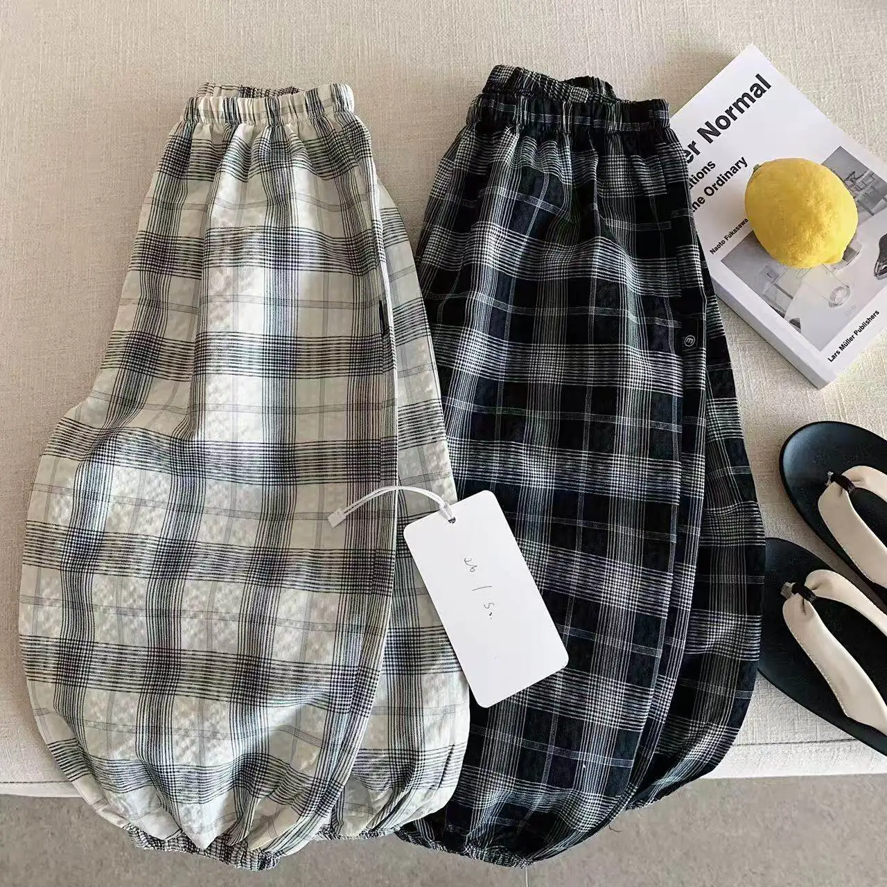 Children's Summer Lightweight Plaid Drawstring Pants Boys Girls Casual Lantern Pants Anti-Mosquito Cotton 100% Leisure Trousers