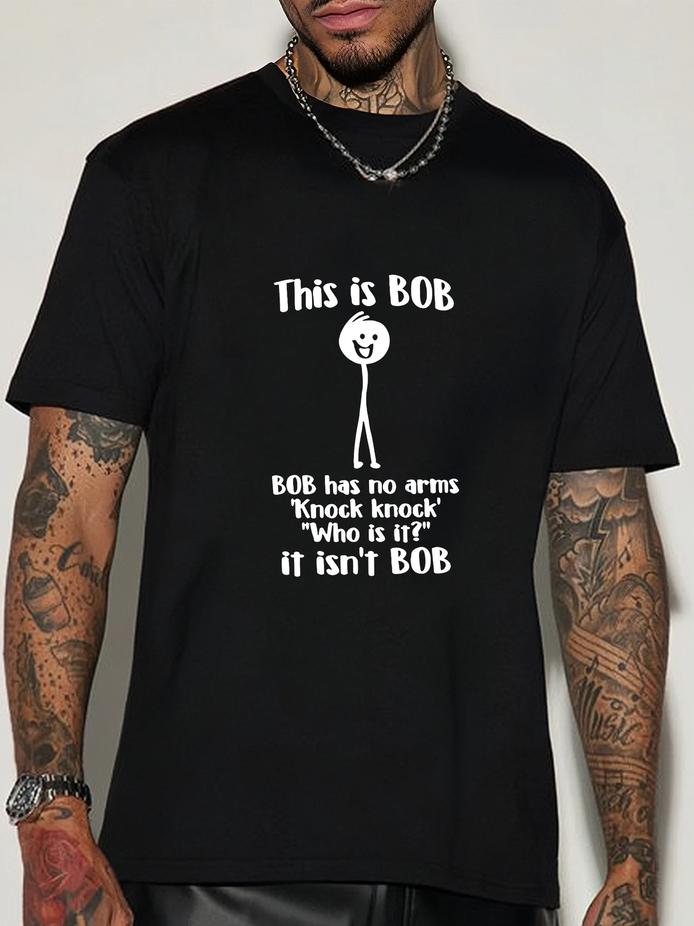 Funny Bob Stick Figure Joke Graphic Mens Crew Neck T Shirt Humorous Letter Print Short Sleeve Casual Cotton Daily Summer Tops