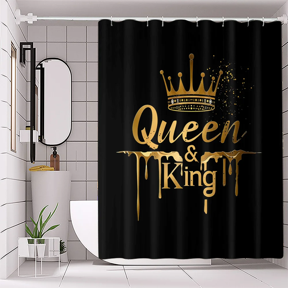 Open Crown 4-Piece Digital Printed Polyester Shower Curtain Set, No Punch Required Bathroom Divider with Waterproof Pad