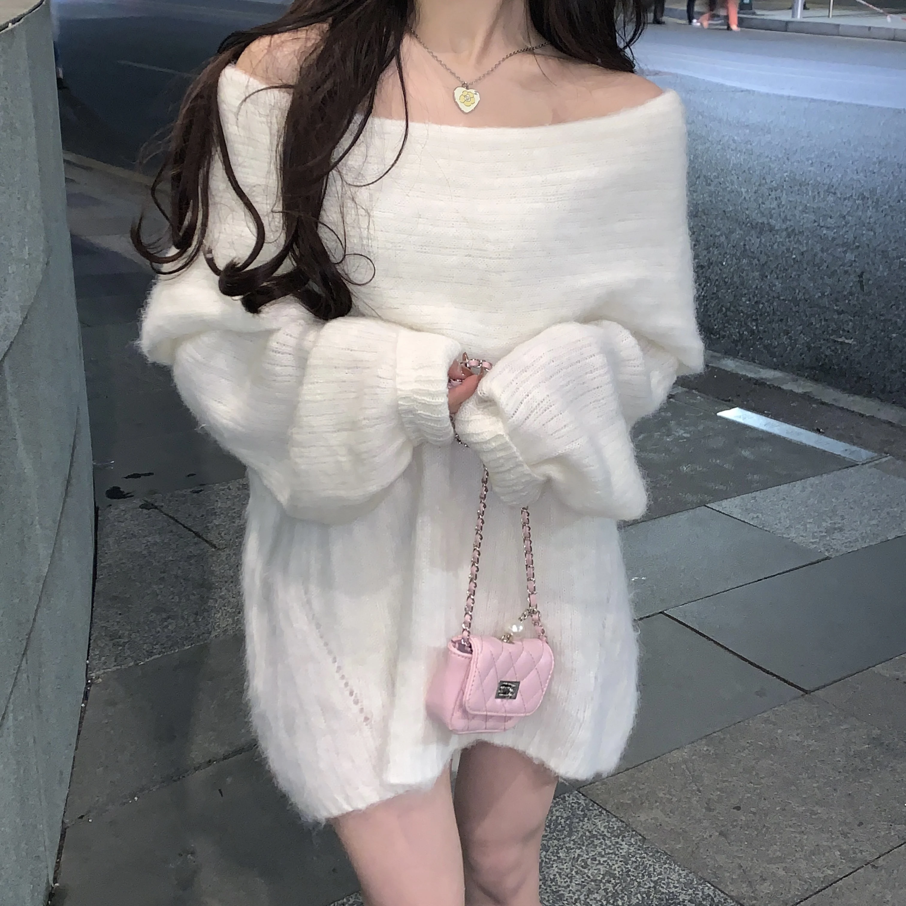 

Winter Clothes Women Tops Women 2021 Winter Lazy Style One-shoulder Collar Long-sleeved Soft Sexy Loose Long Sweater Pullover