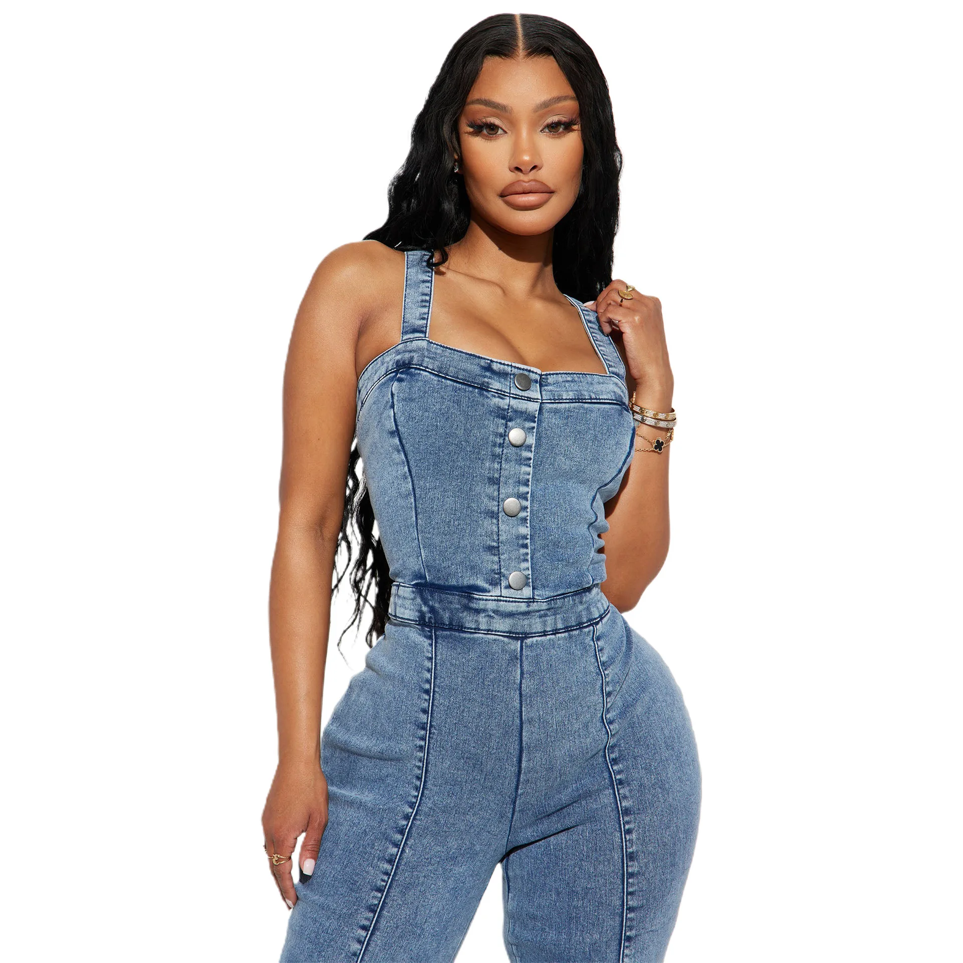 

Three Sisters Summer Women's Fashion Casual Sexy High Waist Open Back Sleeveless Strap Denim One Piece Wide Leg Flare Pants