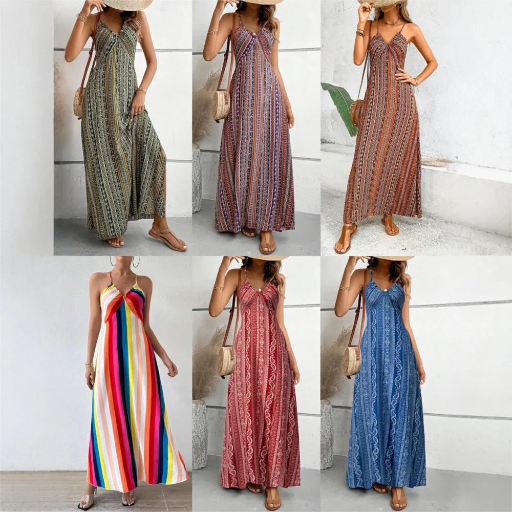 

2026 Dresses For Ladies Spaghetti Strap Vestidos Dress Beachwear Bohemian Slim Slit Contrast Sleeveless Fashion Holiday Vacation