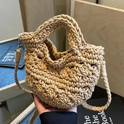 Women Mesh Rope Knitted Bucket Shoulder Bags Reticulate Hollow Travel Shopper Totes Handbag  сумка женская вязаная