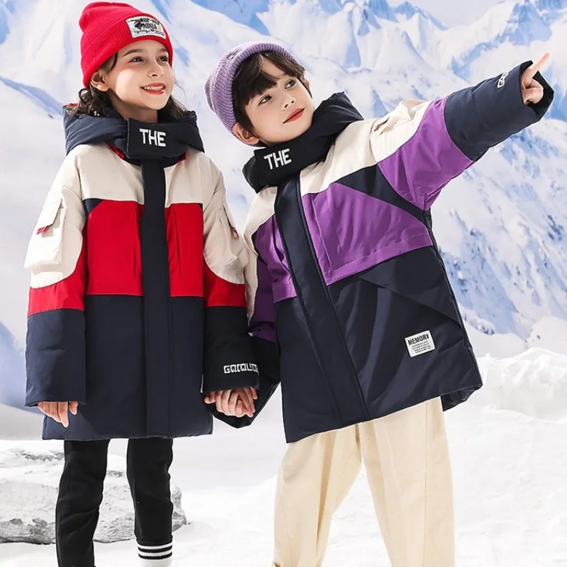 UNITIM Winter 2-16Yrs Teens Down Jackets Children Spliced Thick Warm Hooded Mid-length Jackets Zipper Windproof Junior Boys Coat