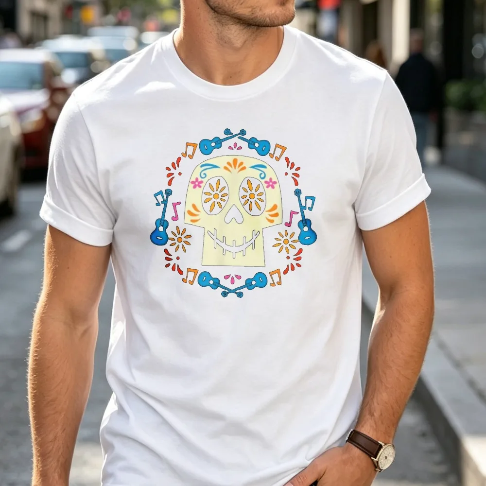 Day of the Dead S U G Ar with Guitars, Music Notes Marigold Flower Print - Colorful Casual Round Neck Tee Suitable Themed Events