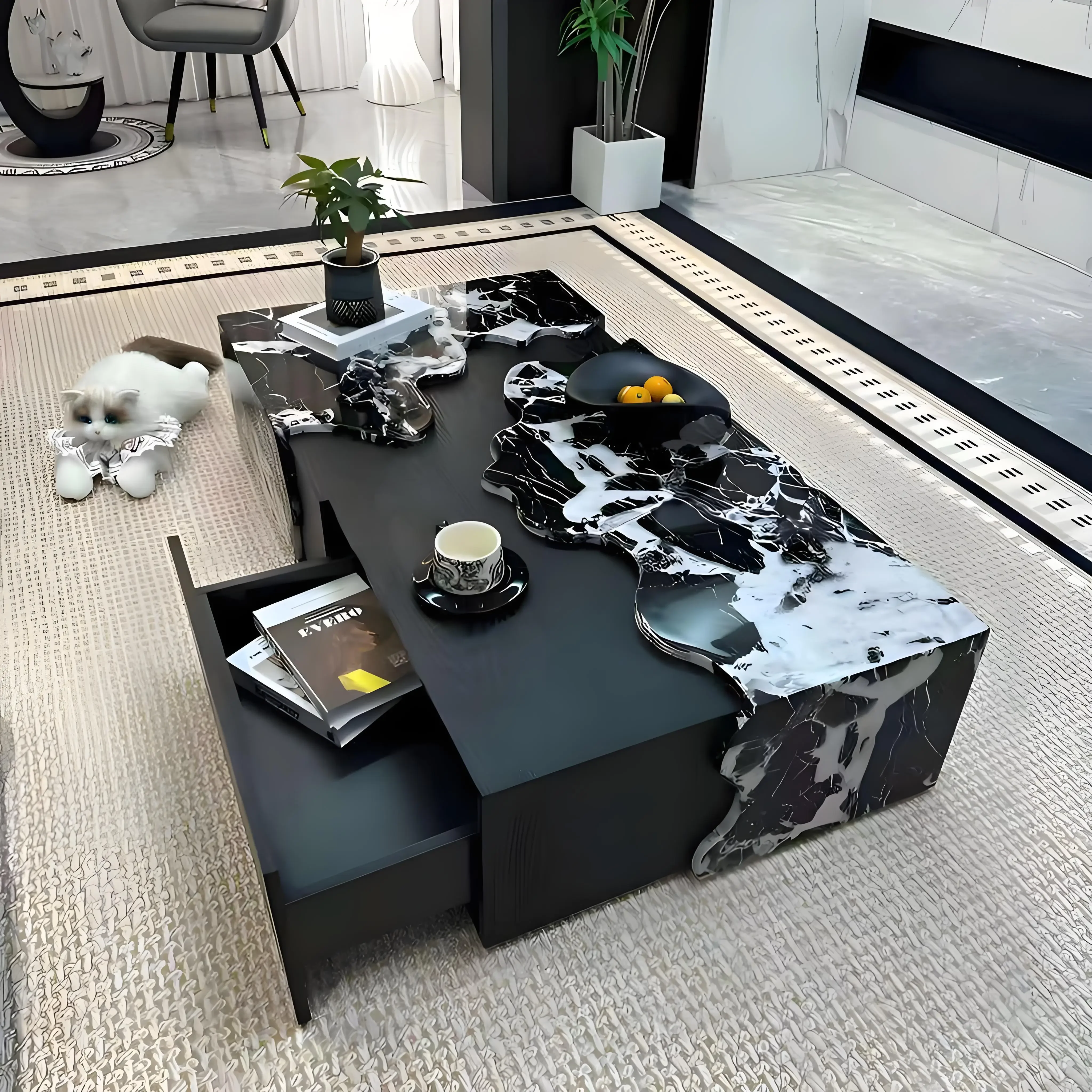 Italian Designer Marble Coffee Table - Minimalist Luxury Rectangle Art Furniture for Compact Living