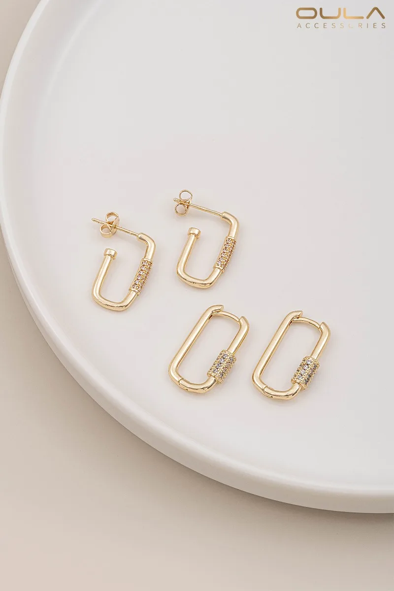 14K Gold-Plated Zircon U-Shaped Ear Studs with 925 Silver Needle DIY Pearl Hanging Handcrafted Ear Jewelry Accessory