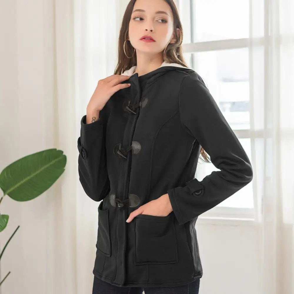 Chaqueta con capucha para mujer, abrigo de manga larga con hebilla de cuerno, Color sólido, talla grande, moda de invierno