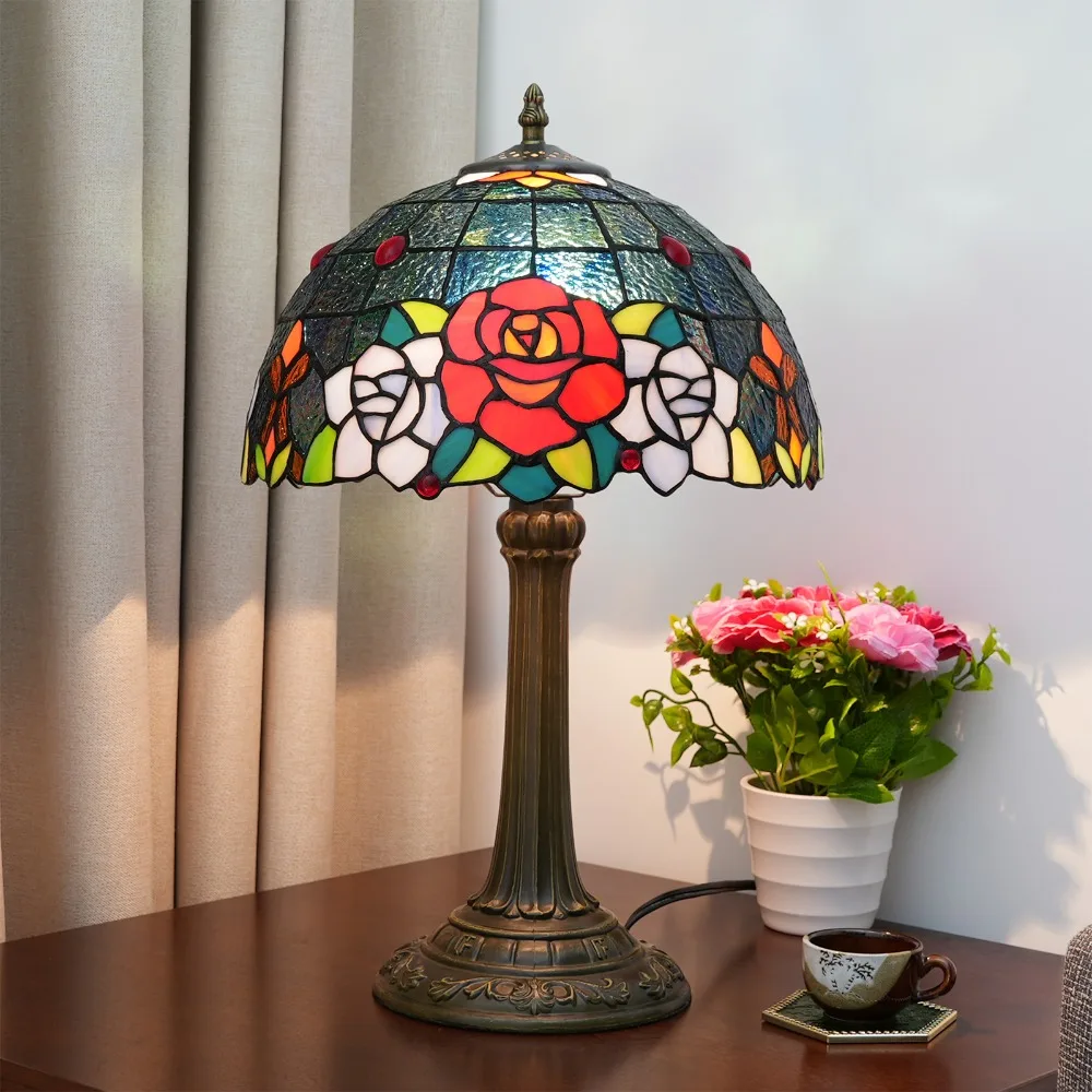 

30cm Tiffany Stained Glass Desk Lamp American Pastoral Rose Living Room Dining Room Bar Desk Light Bedroom Bedside Lamp