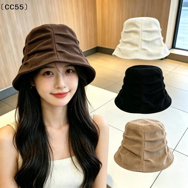 1Pcs Korean Style Foldable Travel Outdoor Hat Corduroy Pleated Bucket Hat For Women Solid Color Soft Casual Sun Hat〔CC55〕