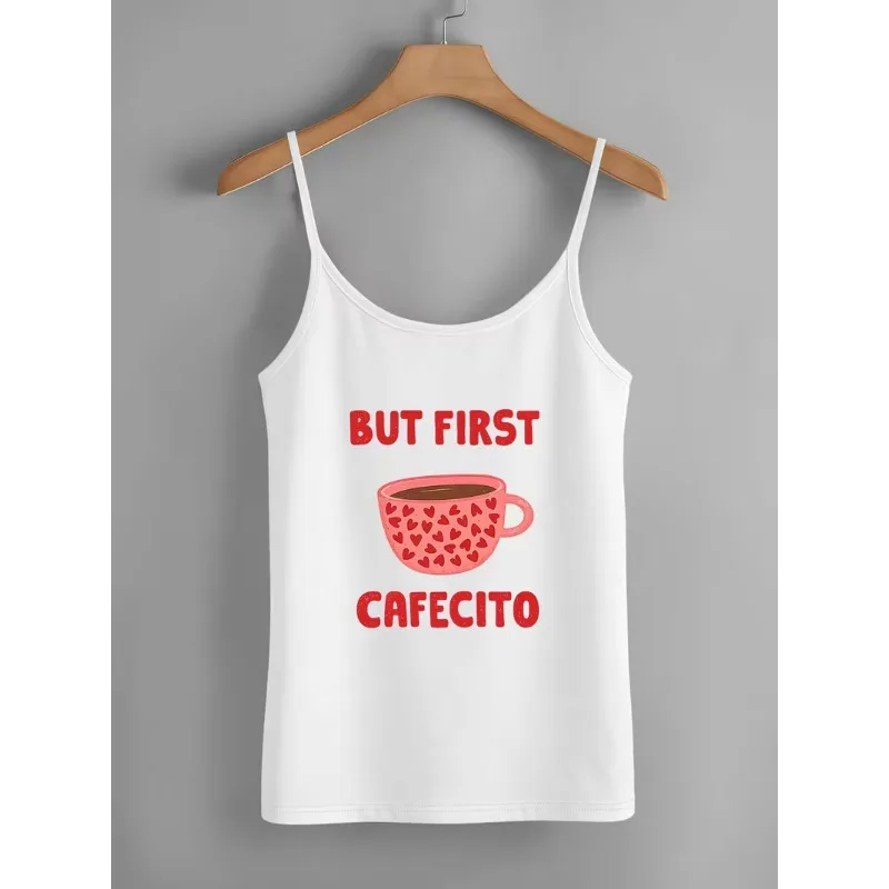 Women Spaghetti Strap Cami Tank Top Vintage Italian Coffee Caffe Letter Print Sleeveless Camisole Casual Summer Daily Basic Tops
